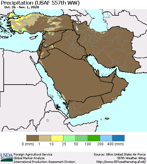 Middle East and Turkey Precipitation (USAF 557th WW) Thematic Map For 10/26/2020 - 11/1/2020