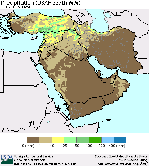 Middle East and Turkey Precipitation (USAF 557th WW) Thematic Map For 11/2/2020 - 11/8/2020