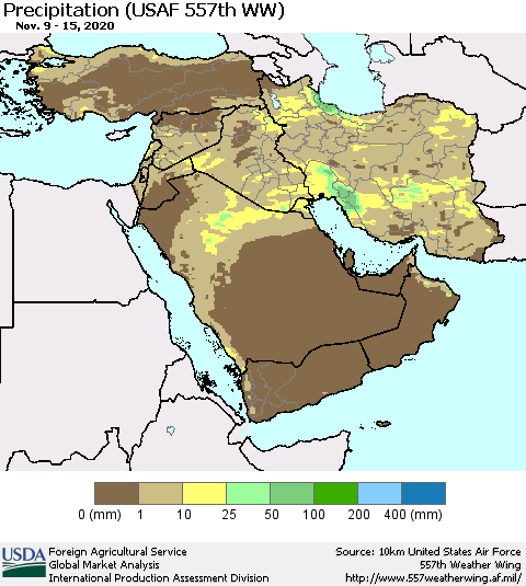Middle East and Turkey Precipitation (USAF 557th WW) Thematic Map For 11/9/2020 - 11/15/2020