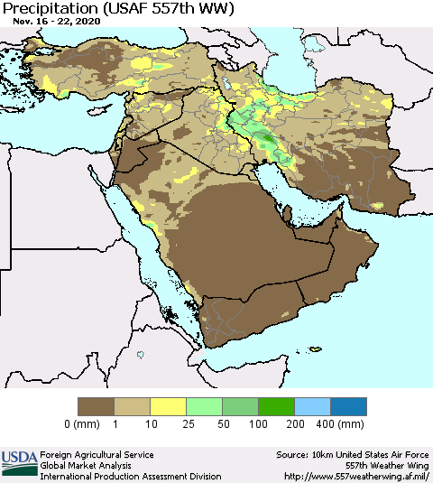 Middle East and Turkey Precipitation (USAF 557th WW) Thematic Map For 11/16/2020 - 11/22/2020