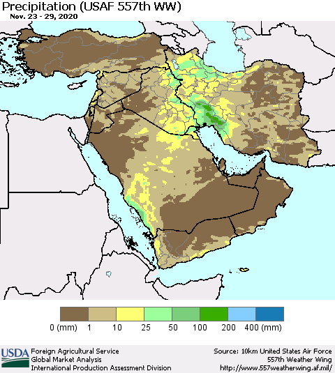 Middle East and Turkey Precipitation (USAF 557th WW) Thematic Map For 11/23/2020 - 11/29/2020