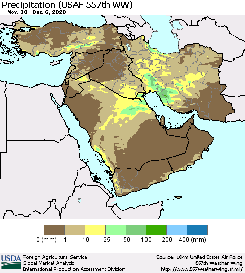 Middle East and Turkey Precipitation (USAF 557th WW) Thematic Map For 11/30/2020 - 12/6/2020