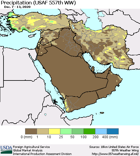 Middle East and Turkey Precipitation (USAF 557th WW) Thematic Map For 12/7/2020 - 12/13/2020