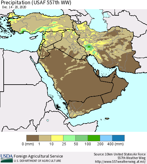 Middle East and Turkey Precipitation (USAF 557th WW) Thematic Map For 12/14/2020 - 12/20/2020