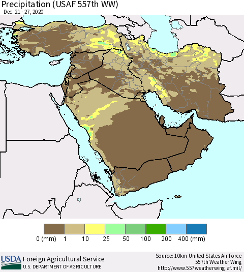 Middle East and Turkey Precipitation (USAF 557th WW) Thematic Map For 12/21/2020 - 12/27/2020