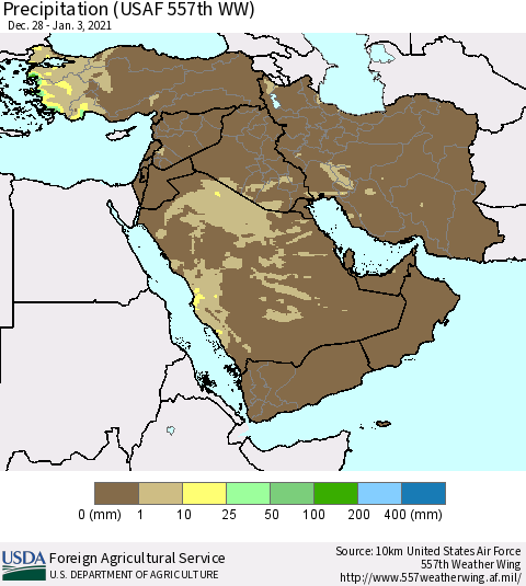Middle East and Turkey Precipitation (USAF 557th WW) Thematic Map For 12/28/2020 - 1/3/2021