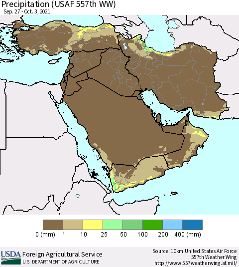 Middle East and Turkey Precipitation (USAF 557th WW) Thematic Map For 9/27/2021 - 10/3/2021
