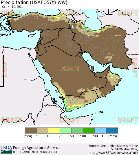 Middle East and Turkey Precipitation (USAF 557th WW) Thematic Map For 10/4/2021 - 10/10/2021