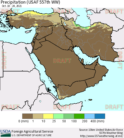 Middle East and Turkey Precipitation (USAF 557th WW) Thematic Map For 10/18/2021 - 10/24/2021