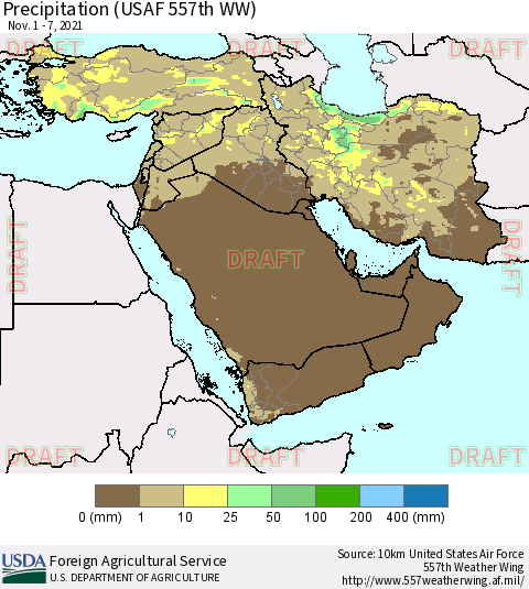 Middle East and Turkey Precipitation (USAF 557th WW) Thematic Map For 11/1/2021 - 11/7/2021