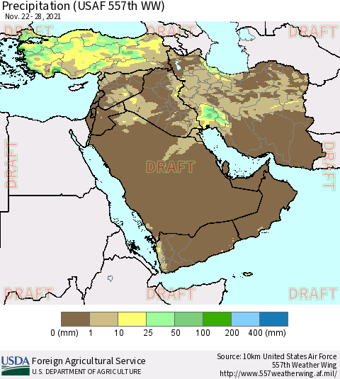 Middle East and Turkey Precipitation (USAF 557th WW) Thematic Map For 11/22/2021 - 11/28/2021