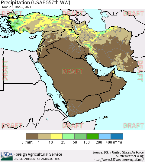 Middle East and Turkey Precipitation (USAF 557th WW) Thematic Map For 11/29/2021 - 12/5/2021