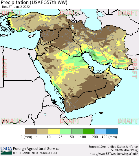 Middle East and Turkey Precipitation (USAF 557th WW) Thematic Map For 12/27/2021 - 1/2/2022