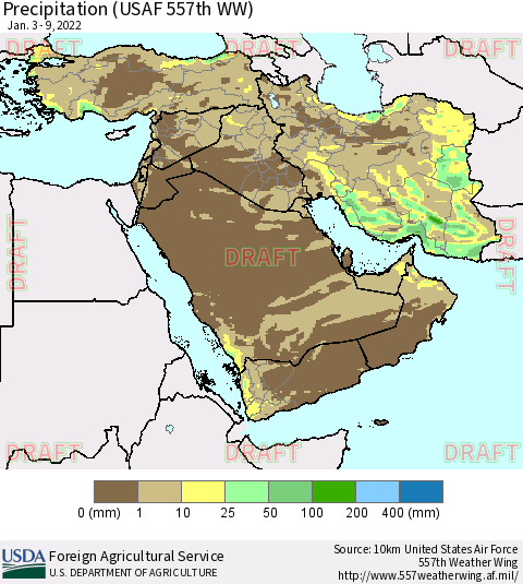 Middle East and Turkey Precipitation (USAF 557th WW) Thematic Map For 1/3/2022 - 1/9/2022