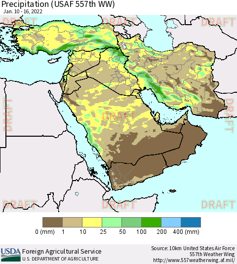 Middle East and Turkey Precipitation (USAF 557th WW) Thematic Map For 1/10/2022 - 1/16/2022