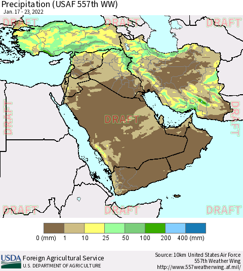 Middle East and Turkey Precipitation (USAF 557th WW) Thematic Map For 1/17/2022 - 1/23/2022