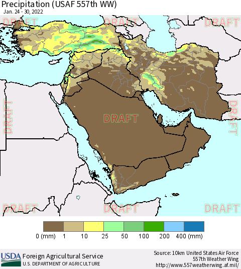 Middle East and Turkey Precipitation (USAF 557th WW) Thematic Map For 1/24/2022 - 1/30/2022