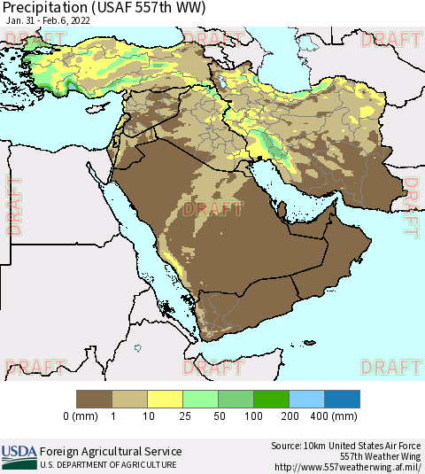 Middle East and Turkey Precipitation (USAF 557th WW) Thematic Map For 1/31/2022 - 2/6/2022