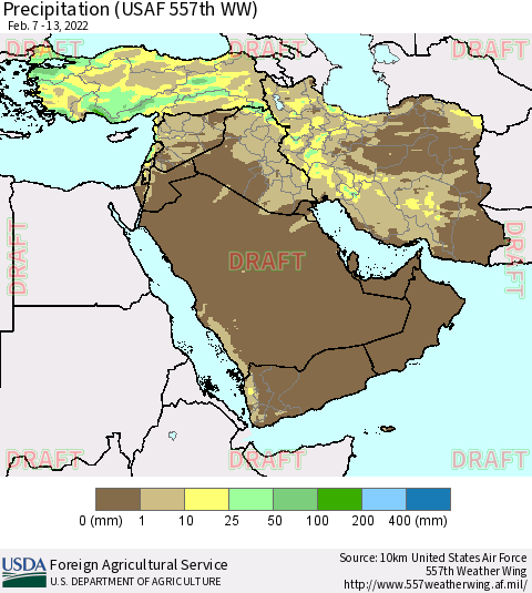 Middle East and Turkey Precipitation (USAF 557th WW) Thematic Map For 2/7/2022 - 2/13/2022
