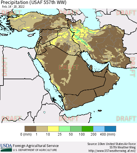 Middle East and Turkey Precipitation (USAF 557th WW) Thematic Map For 2/14/2022 - 2/20/2022
