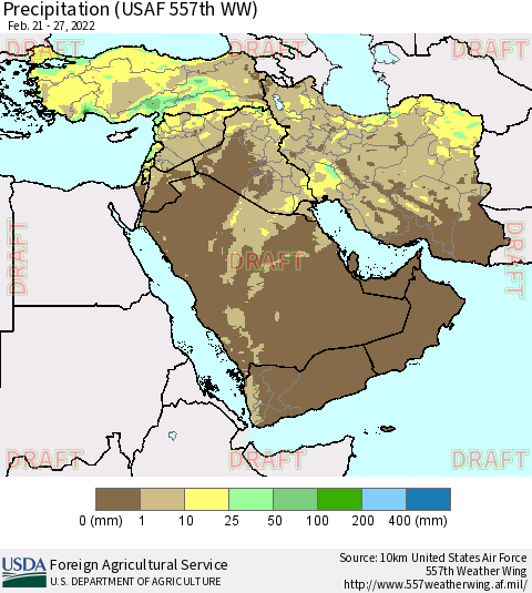 Middle East and Turkey Precipitation (USAF 557th WW) Thematic Map For 2/21/2022 - 2/27/2022