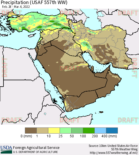 Middle East and Turkey Precipitation (USAF 557th WW) Thematic Map For 2/28/2022 - 3/6/2022