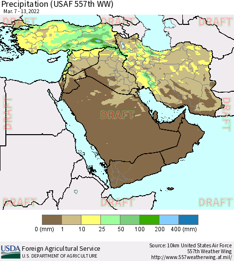 Middle East and Turkey Precipitation (USAF 557th WW) Thematic Map For 3/7/2022 - 3/13/2022