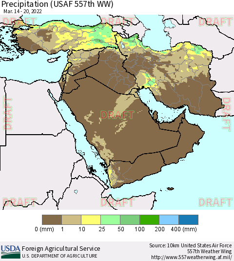 Middle East and Turkey Precipitation (USAF 557th WW) Thematic Map For 3/14/2022 - 3/20/2022