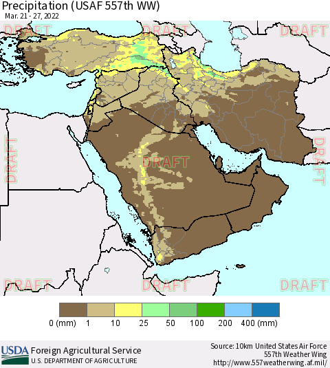 Middle East and Turkey Precipitation (USAF 557th WW) Thematic Map For 3/21/2022 - 3/27/2022