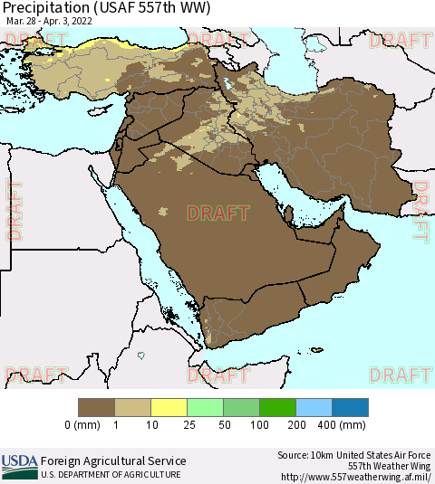 Middle East and Turkey Precipitation (USAF 557th WW) Thematic Map For 3/28/2022 - 4/3/2022