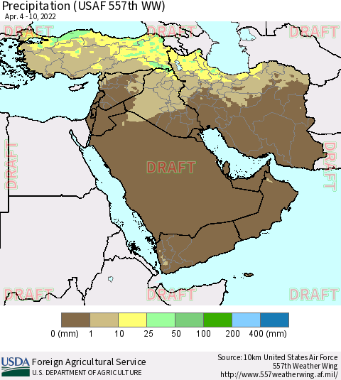 Middle East and Turkey Precipitation (USAF 557th WW) Thematic Map For 4/4/2022 - 4/10/2022
