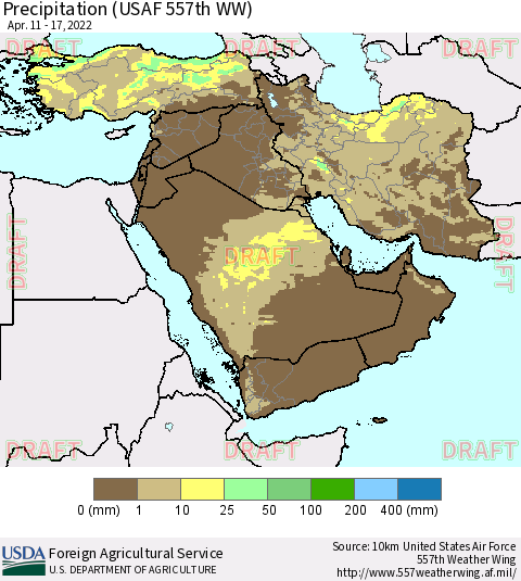 Middle East and Turkey Precipitation (USAF 557th WW) Thematic Map For 4/11/2022 - 4/17/2022