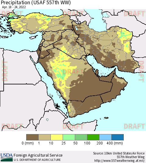 Middle East and Turkey Precipitation (USAF 557th WW) Thematic Map For 4/18/2022 - 4/24/2022