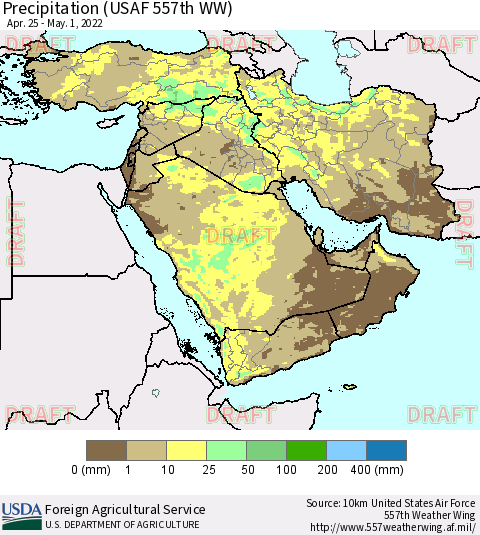 Middle East and Turkey Precipitation (USAF 557th WW) Thematic Map For 4/25/2022 - 5/1/2022