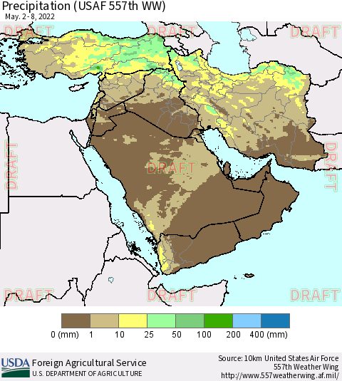 Middle East and Turkey Precipitation (USAF 557th WW) Thematic Map For 5/2/2022 - 5/8/2022