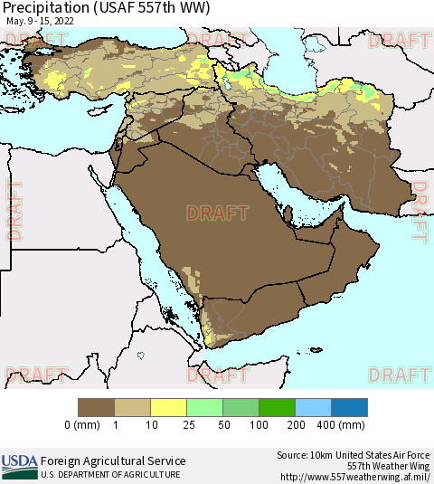 Middle East and Turkey Precipitation (USAF 557th WW) Thematic Map For 5/9/2022 - 5/15/2022