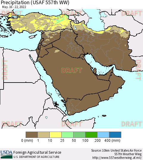 Middle East and Turkey Precipitation (USAF 557th WW) Thematic Map For 5/16/2022 - 5/22/2022