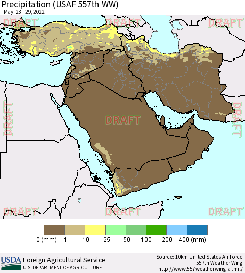 Middle East and Turkey Precipitation (USAF 557th WW) Thematic Map For 5/23/2022 - 5/29/2022