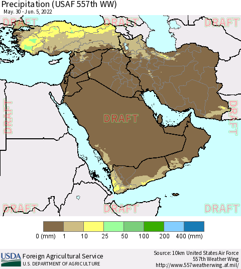 Middle East and Turkey Precipitation (USAF 557th WW) Thematic Map For 5/30/2022 - 6/5/2022