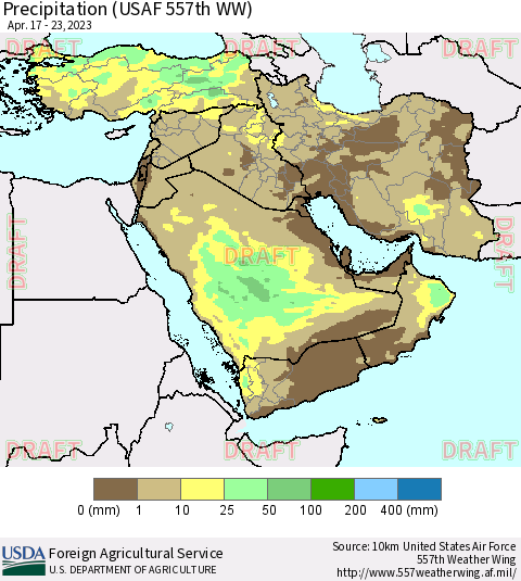 Middle East and Turkey Precipitation (USAF 557th WW) Thematic Map For 4/17/2023 - 4/23/2023
