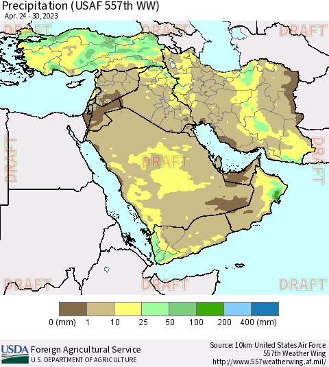 Middle East and Turkey Precipitation (USAF 557th WW) Thematic Map For 4/24/2023 - 4/30/2023