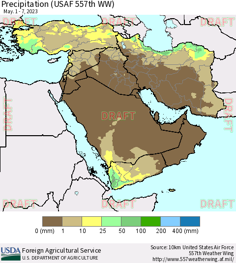 Middle East and Turkey Precipitation (USAF 557th WW) Thematic Map For 5/1/2023 - 5/7/2023