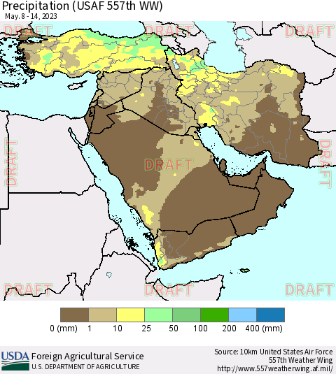 Middle East and Turkey Precipitation (USAF 557th WW) Thematic Map For 5/8/2023 - 5/14/2023