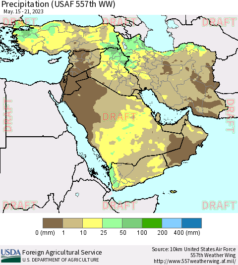 Middle East and Turkey Precipitation (USAF 557th WW) Thematic Map For 5/15/2023 - 5/21/2023
