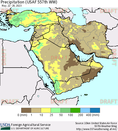 Middle East and Turkey Precipitation (USAF 557th WW) Thematic Map For 5/22/2023 - 5/28/2023