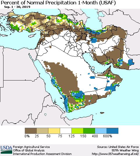 Middle East and Turkey Percent of Normal Precipitation 1-Month (USAF) Thematic Map For 9/1/2019 - 9/30/2019