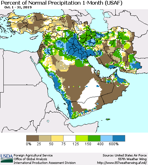 Middle East and Turkey Percent of Normal Precipitation 1-Month (USAF) Thematic Map For 10/1/2019 - 10/31/2019