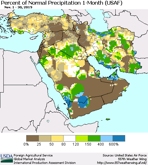 Middle East and Turkey Percent of Normal Precipitation 1-Month (USAF) Thematic Map For 11/1/2019 - 11/30/2019