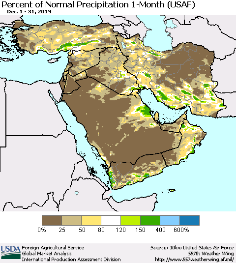 Middle East and Turkey Percent of Normal Precipitation 1-Month (USAF) Thematic Map For 12/1/2019 - 12/31/2019