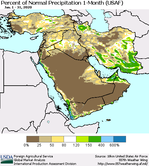 Middle East and Turkey Percent of Normal Precipitation 1-Month (USAF) Thematic Map For 1/1/2020 - 1/31/2020